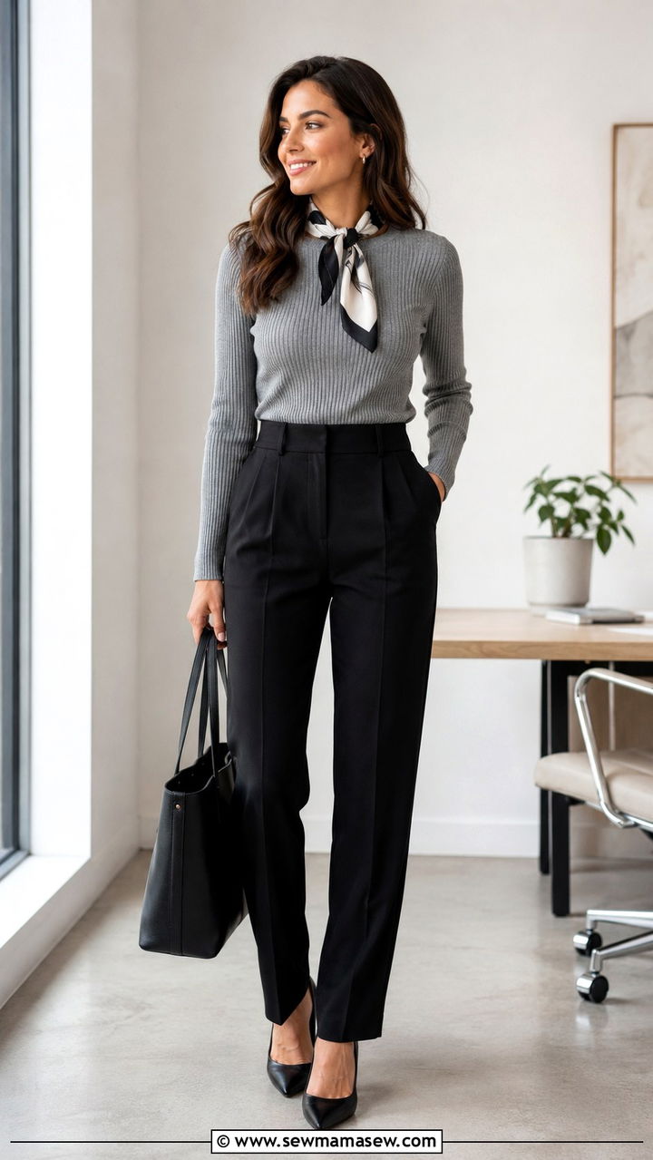 Ribbed knit sweater with high waisted trousers and pointed pumps - 30 Sweater outfit ideas for work