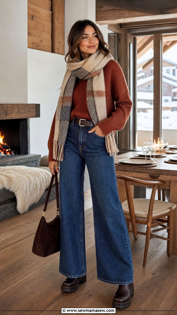 Ribbed knit sweater with wide leg jeans outfit - 30 Cozy chalet outfit ideas
