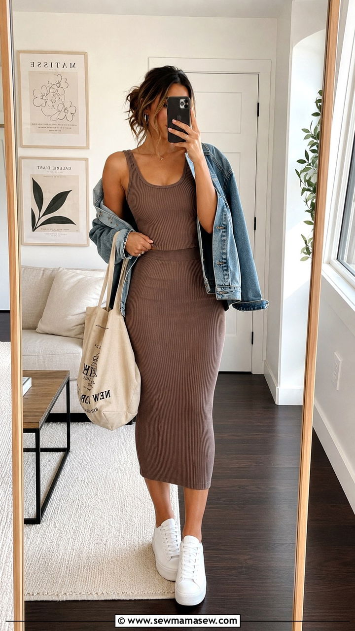 Ribbed knit tank and bodycon midi skirt outfit - 30 Top and skirt matching set outfit ideas