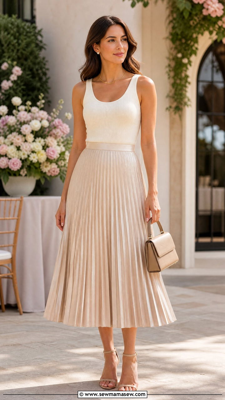 Ribbed knit tank and champagne pleated midi skirt - 35 Minimalist spring outfits