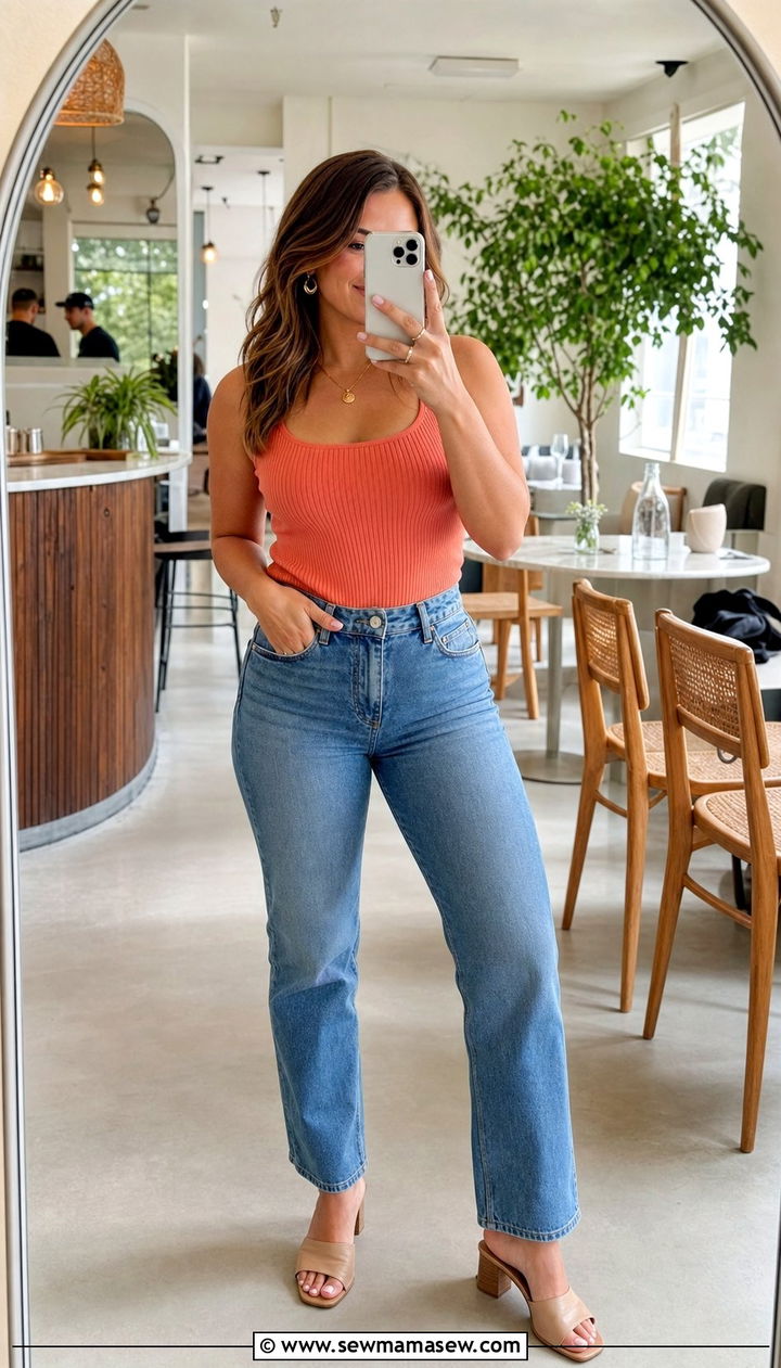 Ribbed knit tank with high waist straight jeans - 35 Brunch outfits for midsize women