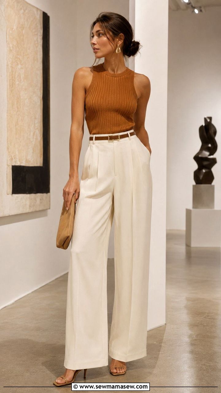 Ribbed knit tank with wide leg trousers - 25 Balmy evening outfit ideas