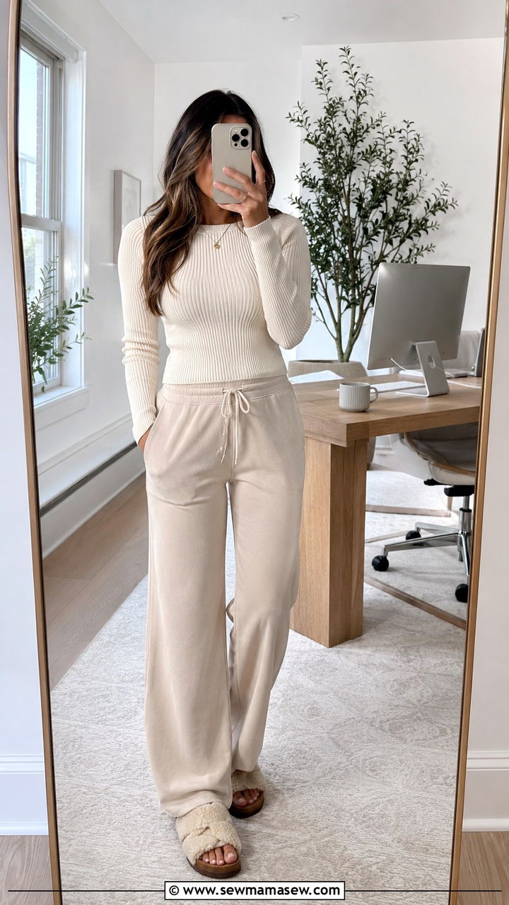 Ribbed knit top with drawstring trousers - 30 Spring outfit ideas for work from home