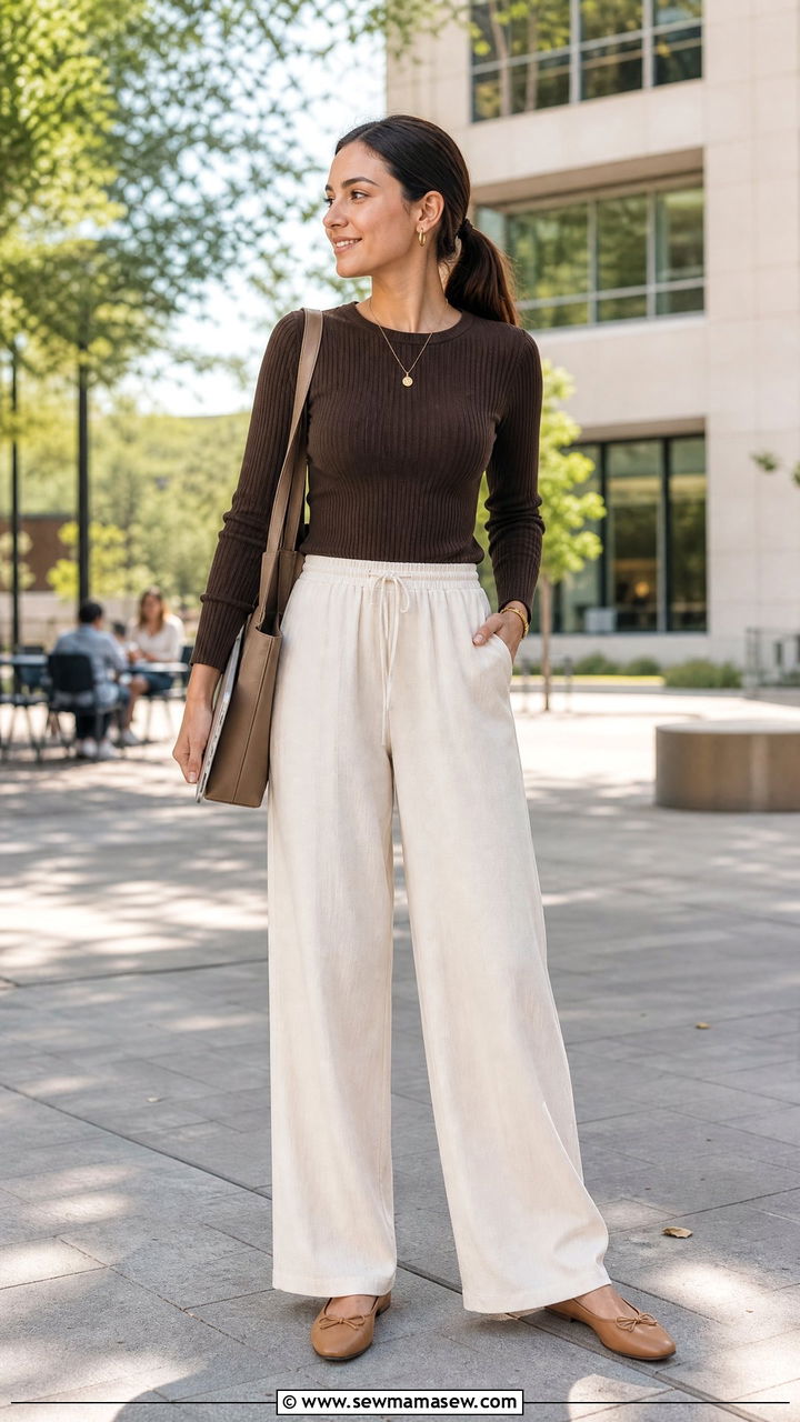 Ribbed knit top with wide leg trousers - 30 College study session outfit ideas