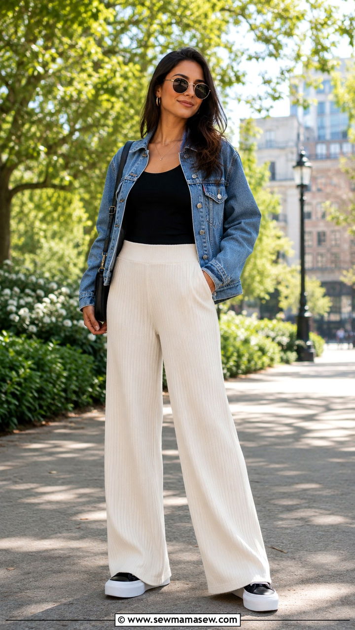 Ribbed knit wide leg pants with a fitted tank and denim jacket - 25 Athleisure outfit ideas for women over 50