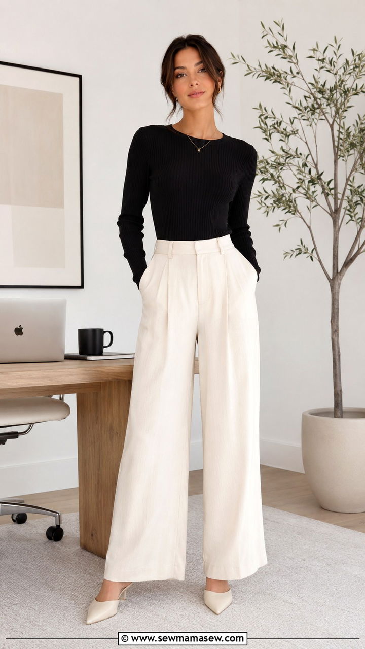 Ribbed long sleeve top and wide leg trousers wfh outfit - 30 Remote worker outfit ideas