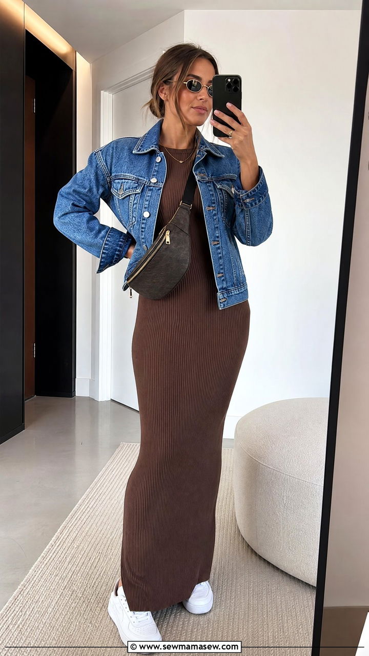 Ribbed maxi dress with denim jacket outfit - 30 Maxi dress outfit ideas with a denim jacket