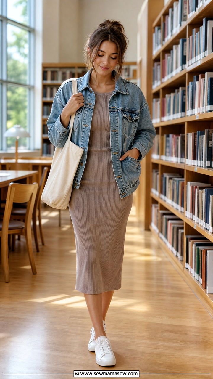 Ribbed midi dress with a denim jacket and white sneakers - 30 College library outfit ideas