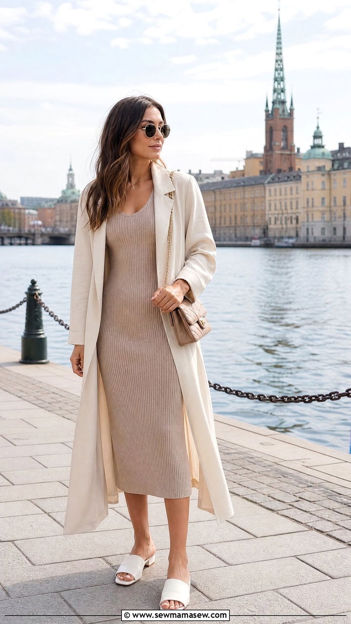 Ribbed midi dress with a lightweight summer coat - 30 cute Europe travel outfits