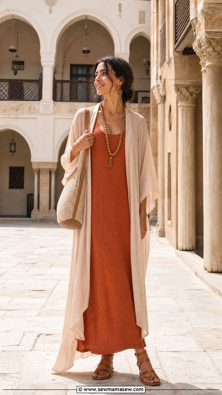 Ribbed sleeveless maxi dress with sheer kimono overlay outfit - 25 Cairo outfit ideas