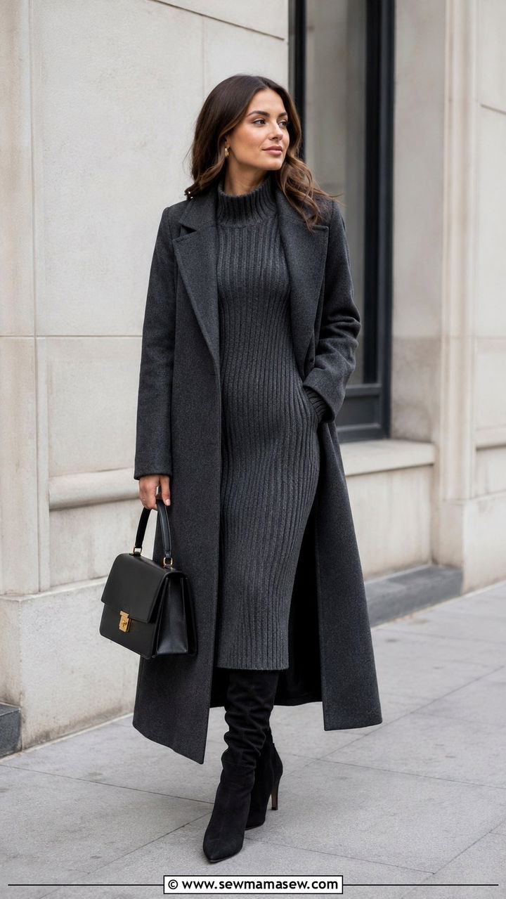 Ribbed sweater dress with knee high boots - 30 Overcast day outfit ideas