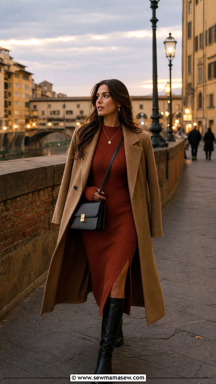 Ribbed sweater dress with knee high boots - 40 Italy outfits