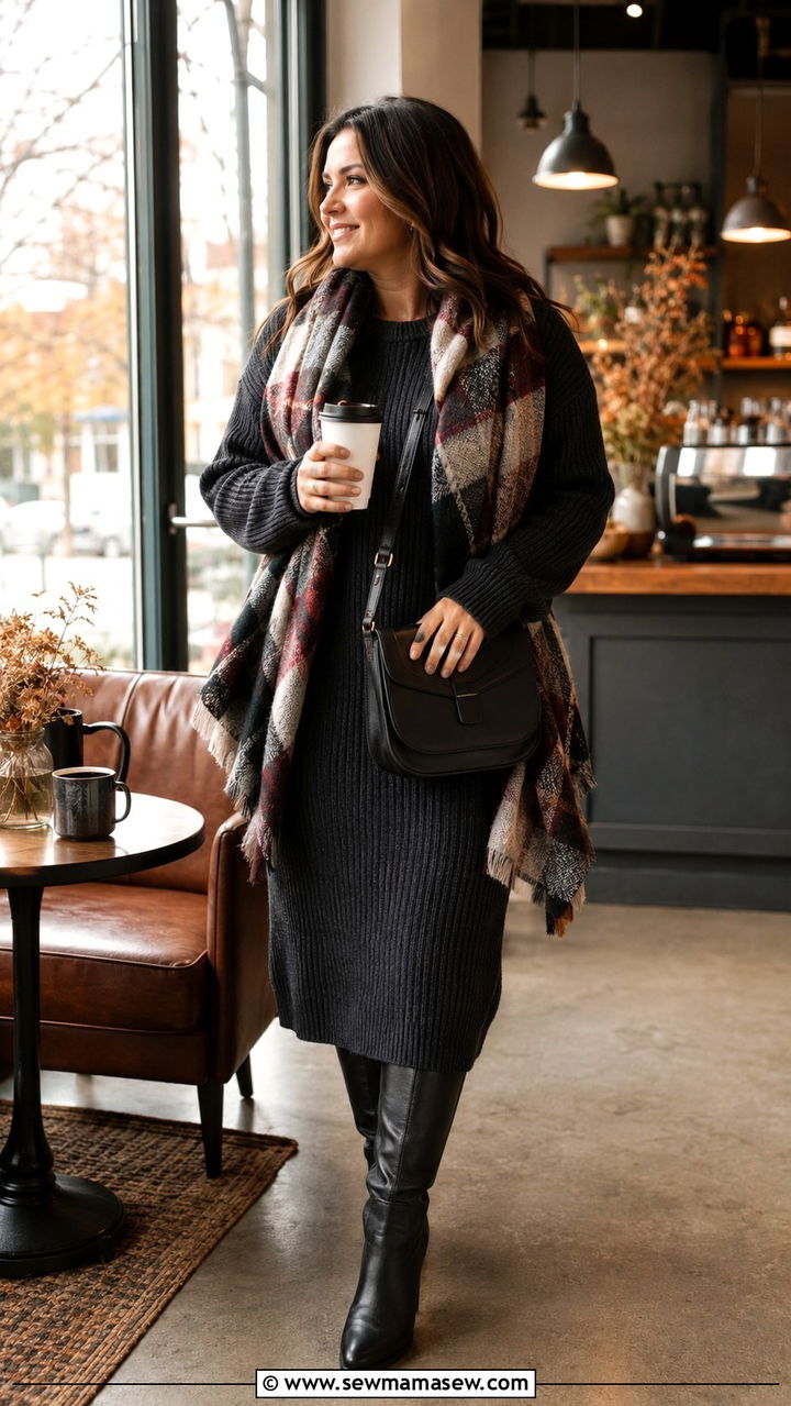 Ribbed sweater dress with tall boots and blanket scarf - 25 Outfit ideas for wide calves