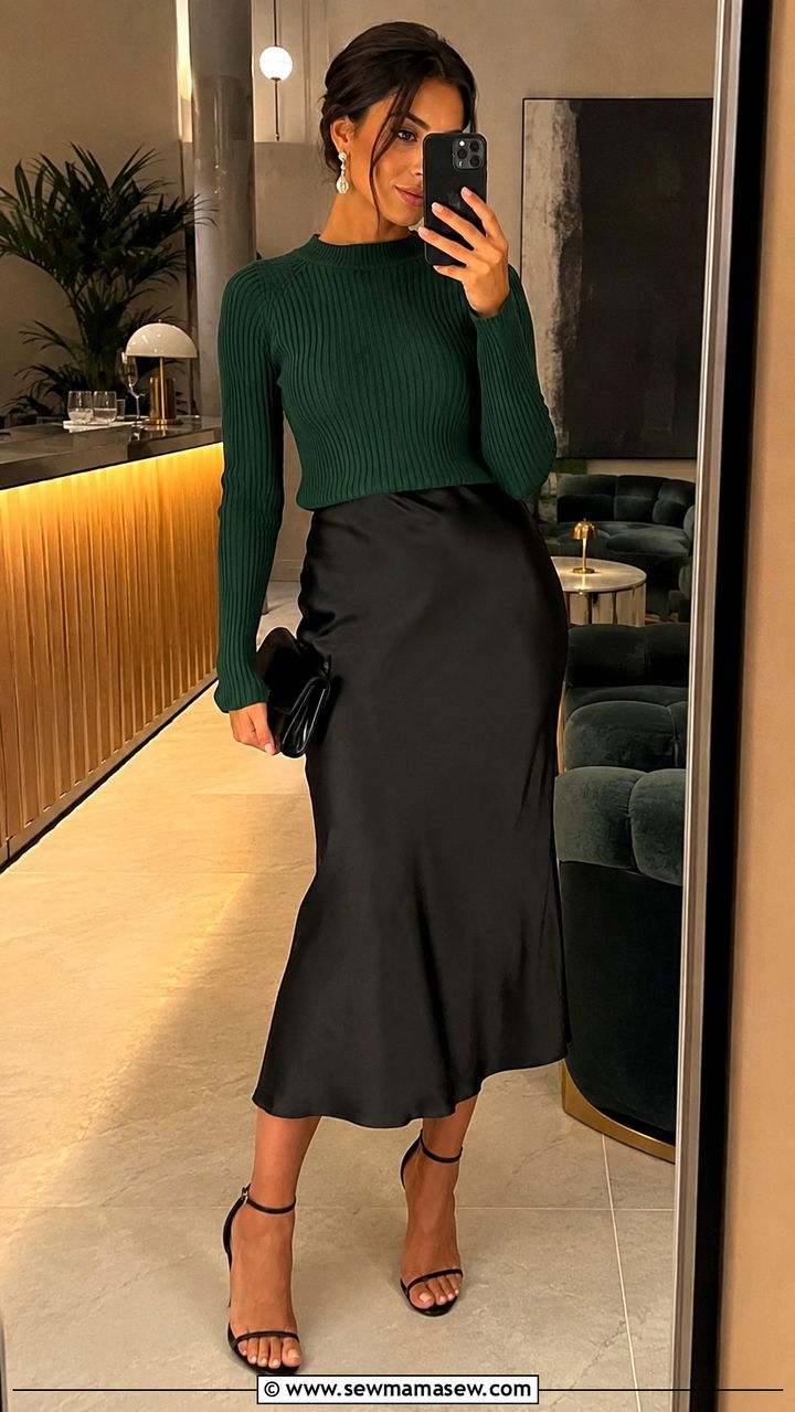 Ribbed sweater with midi skirt and strappy heels - 30 Midi skirt outfit ideas with a sweater