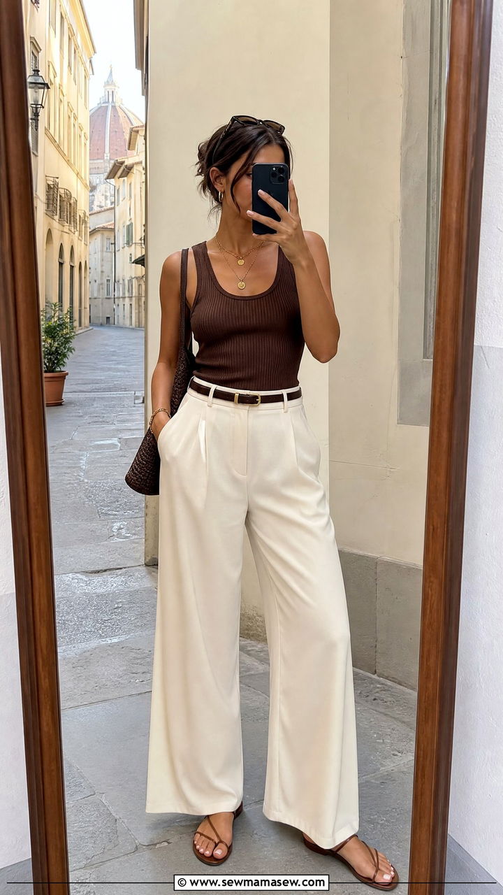 Ribbed tank and cream trousers Florence - 25 Florence outfit ideas