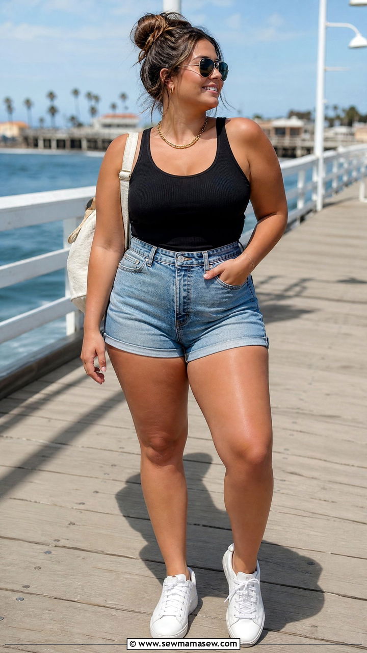 Ribbed tank and highwaisted denim shorts outfit - 30 Vacation outfits for midsize women