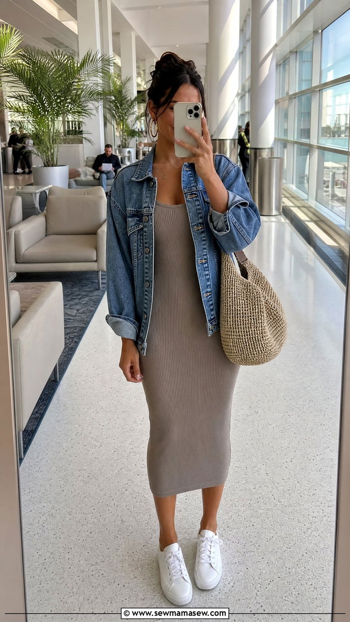Ribbed tank midi dress with denim jacket - 35 Miami airport outfit ideas