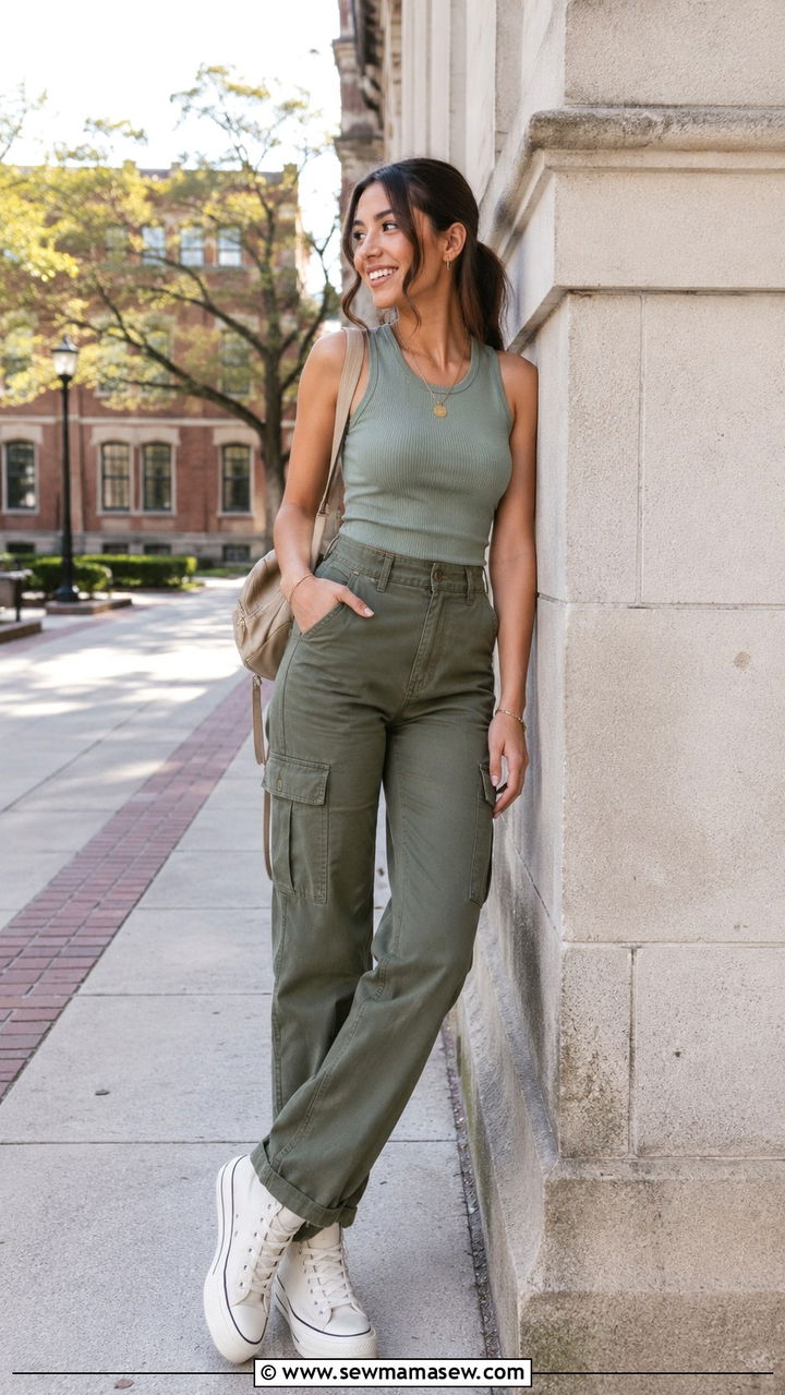 Ribbed tank top and cargo pants outfit - 30 spring college outfit ideas