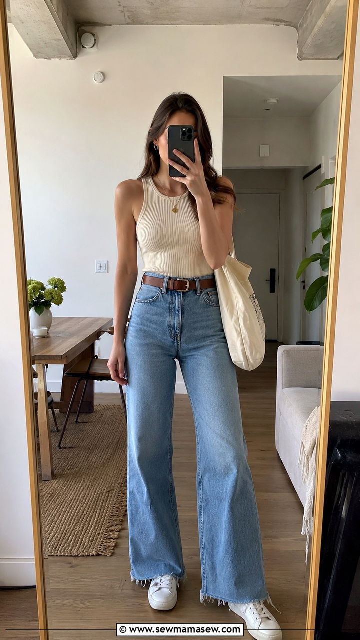 Ribbed tank top with wide leg jeans - 25 Wide leg pants outfit ideas with a tank top