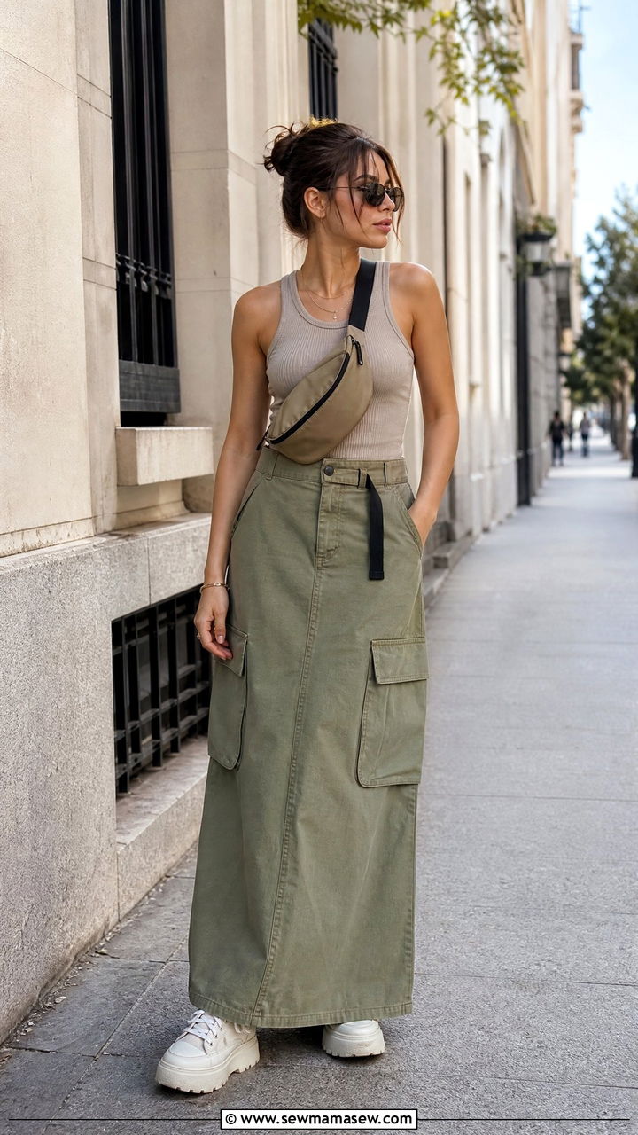 Ribbed tank with cargo maxi skirt - 35 maxi skirt outfits for women