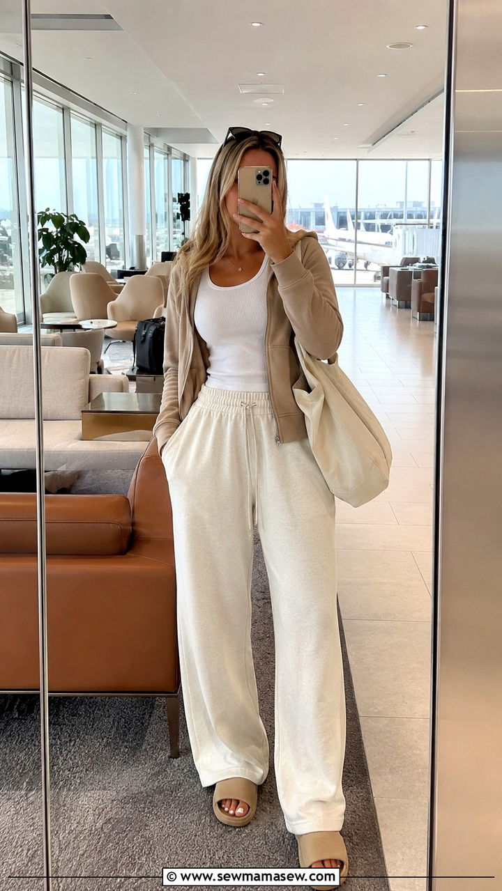 Ribbed tank with zip up hoodie and wide leg sweatpants - 30 Loungewear outfit ideas for airport
