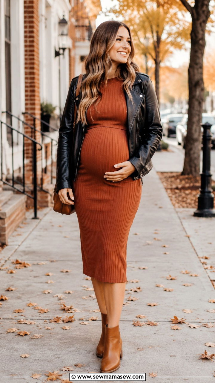 Ribbed terracotta maternity dress with leather jacket - 20 Maternity outfit ideas 2026
