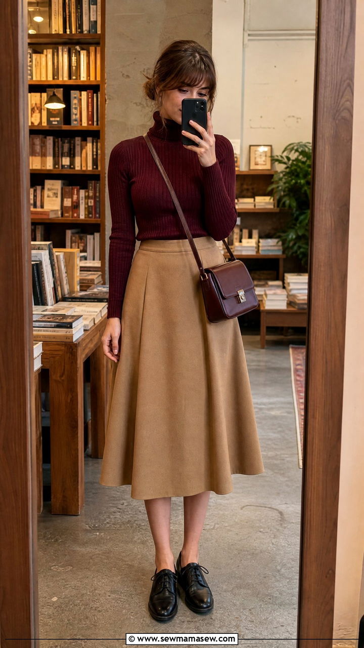 Ribbed turtleneck and A line midi skirt outfit - 25 librarian core outfits 2026