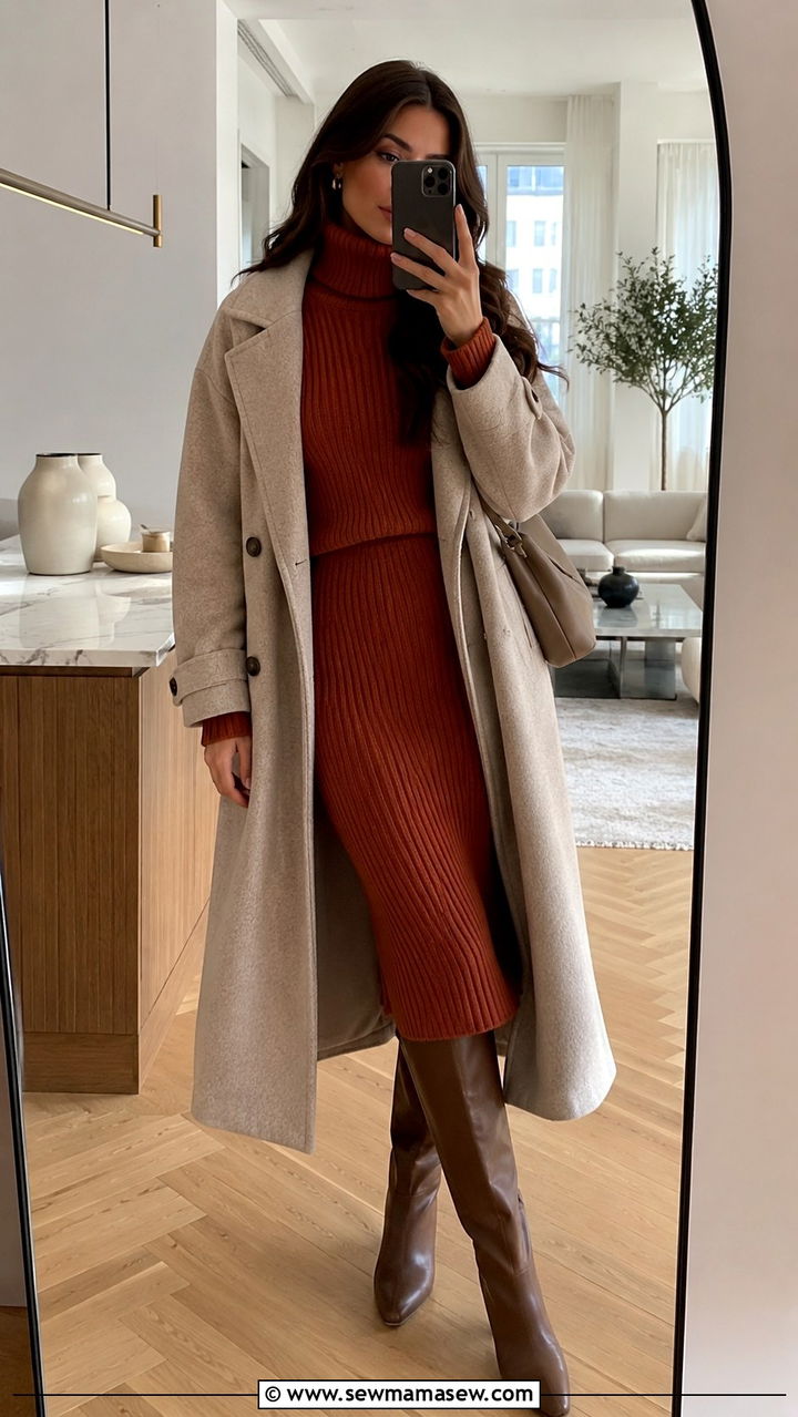 Ribbed turtleneck and knit midi skirt set - 30 Sweater and skirt matching set outfit ideas