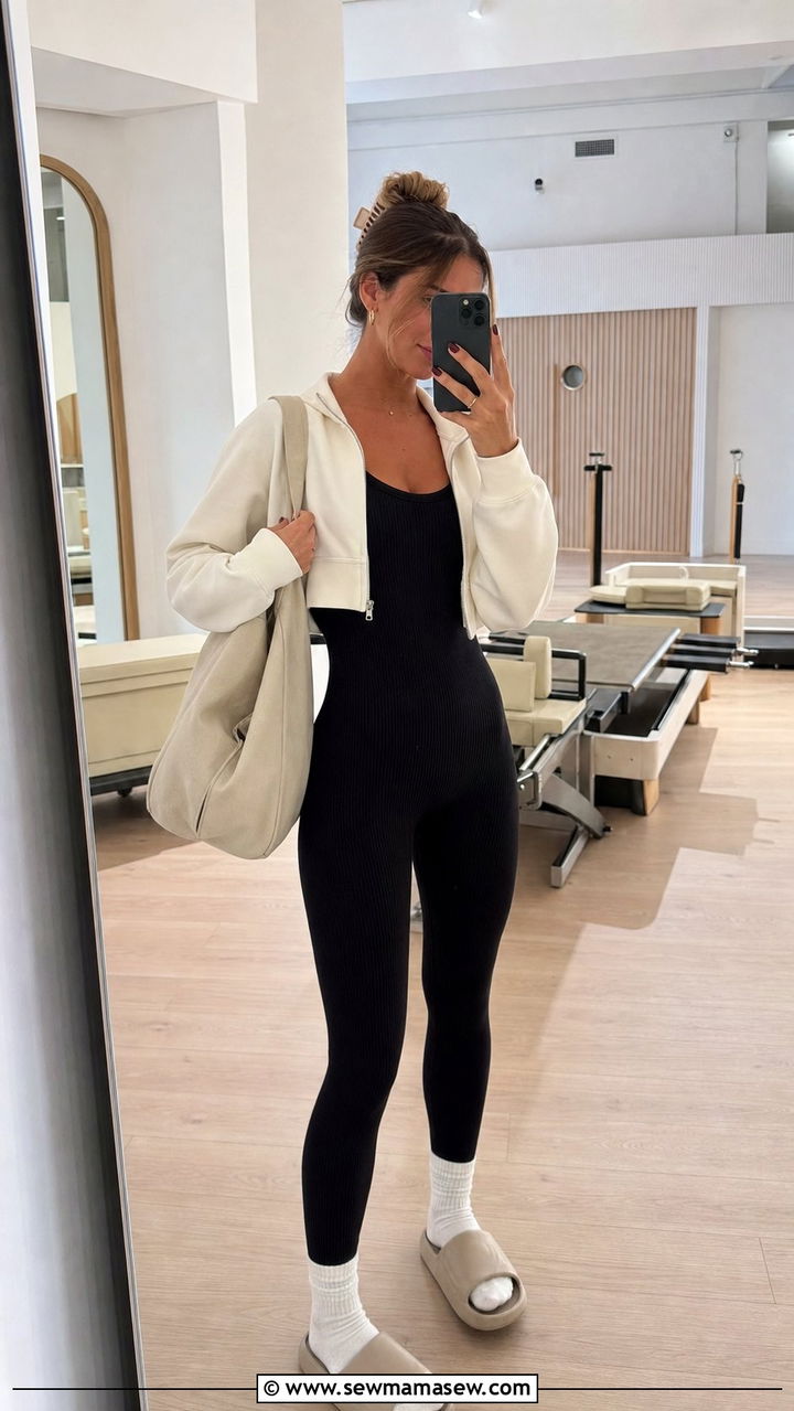Ribbed unitard and cropped jacket - 25 Sporty chic outfit ideas pilates