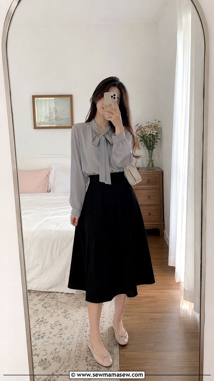 Ribbon Tie Blouse With A Line Skirt and Ballet Inspired Shoes - 30 casual poetcore outfits