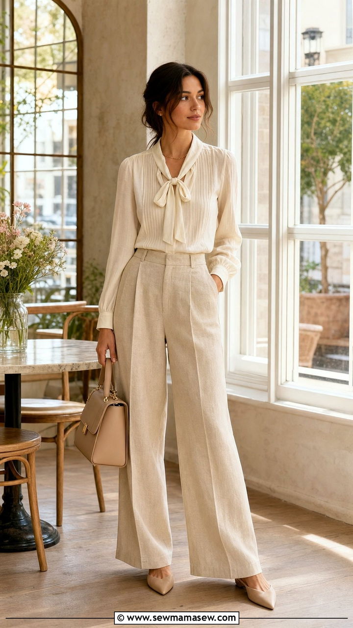 Ribbon Tie Blouse With Linen Trousers Outfit - 25 Spring cottagecore outfits 2026