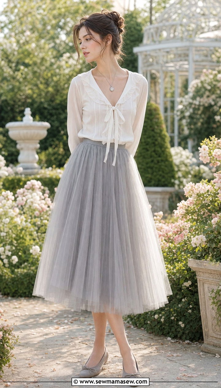Ribbon Tie Blouse With Tulle Skirt And Ballet Flats Outfit - 35 Balletcore spring outfits