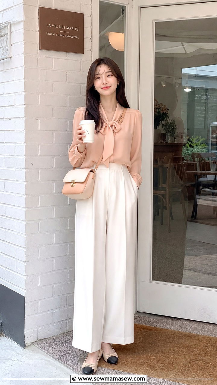 Ribbon Tie Blouse and Wide Leg Pant Outfit - 40 What to wear in Seoul