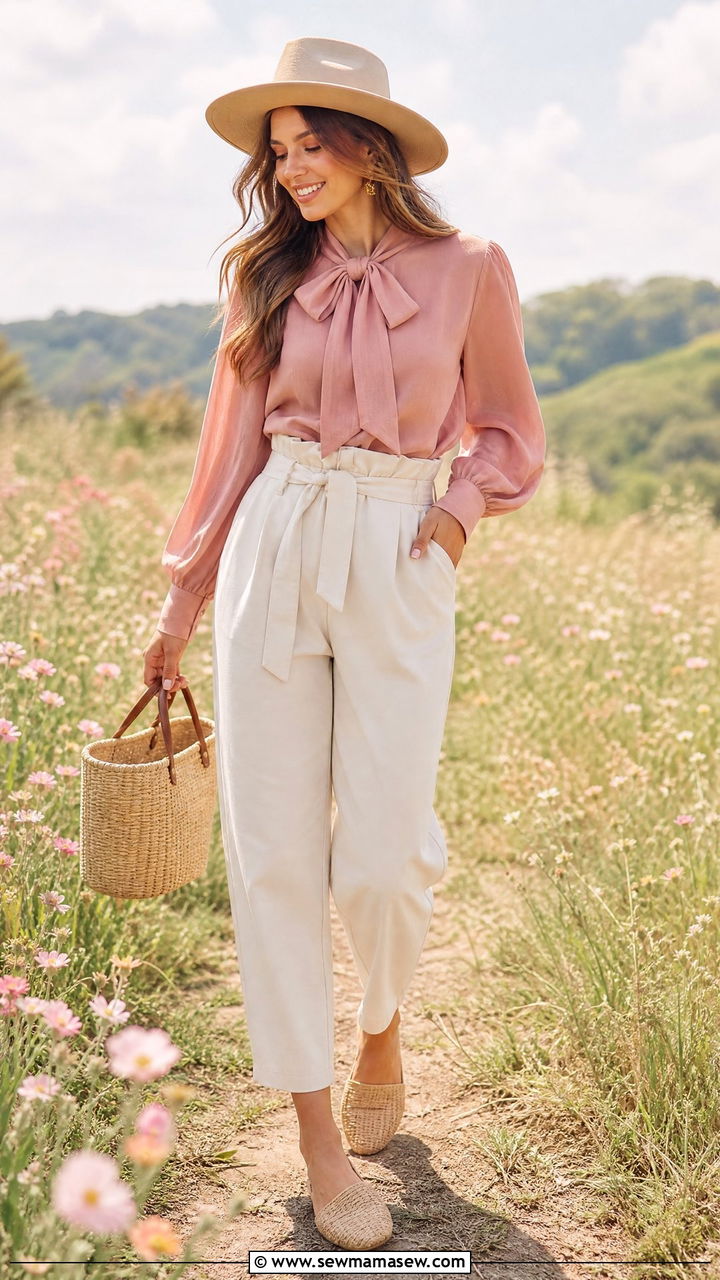 Ribbon Tie Neck Blouse and Paperbag Waist Pants - 25 poetcore outfits for women