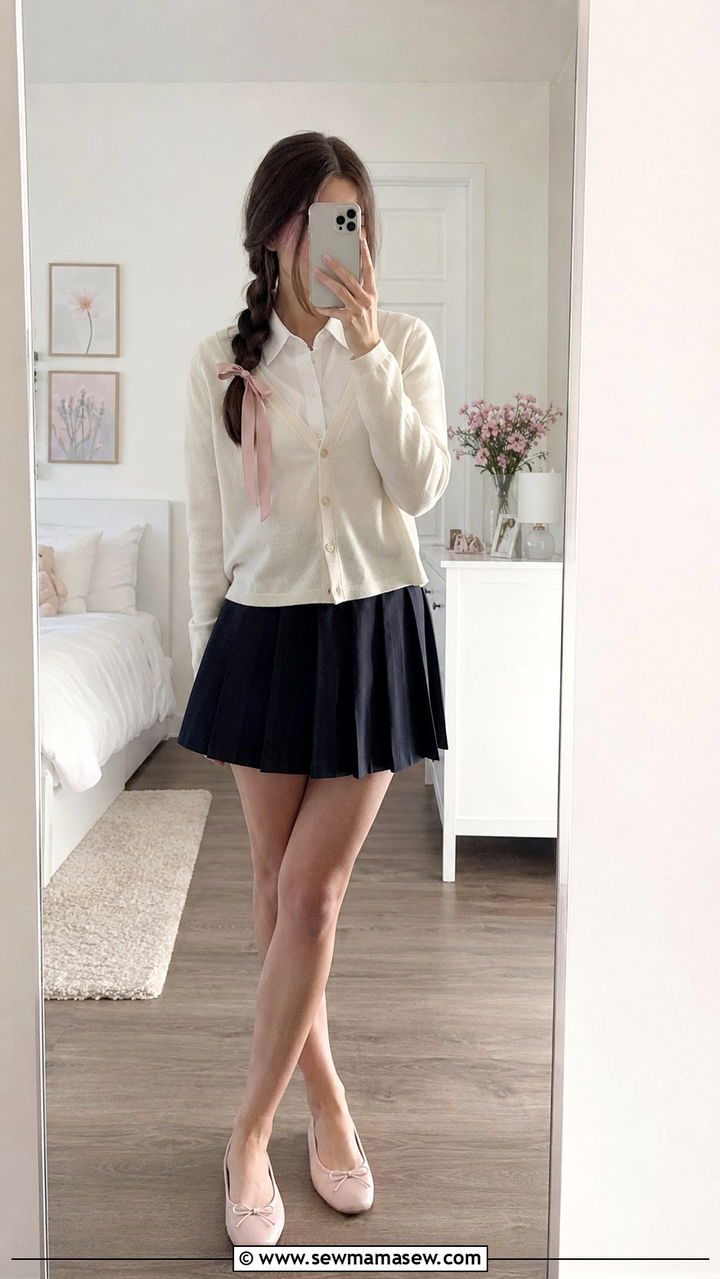 Ribbon tied in hair with collared blouse and cardigan outfit - 30 School uniform hacks outfit ideas