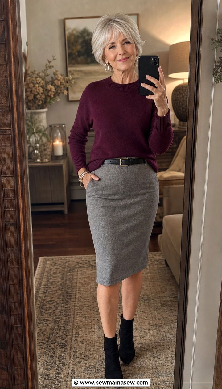 Rich Plum Sweater With Gray Pencil Skirt and Ankle Boots - 35 Business casual outfits for women over 60