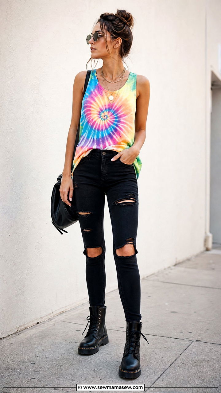 Ripped Black Jeans and Tie Dye Tank Outfit - 30 Edgy summer outfits