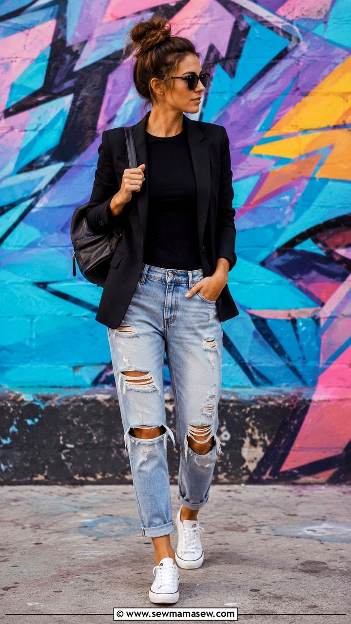 Ripped Boyfriend Jeans With Blazer Outfit - 25 Boyfriend jeans outfit ideas with a blazer