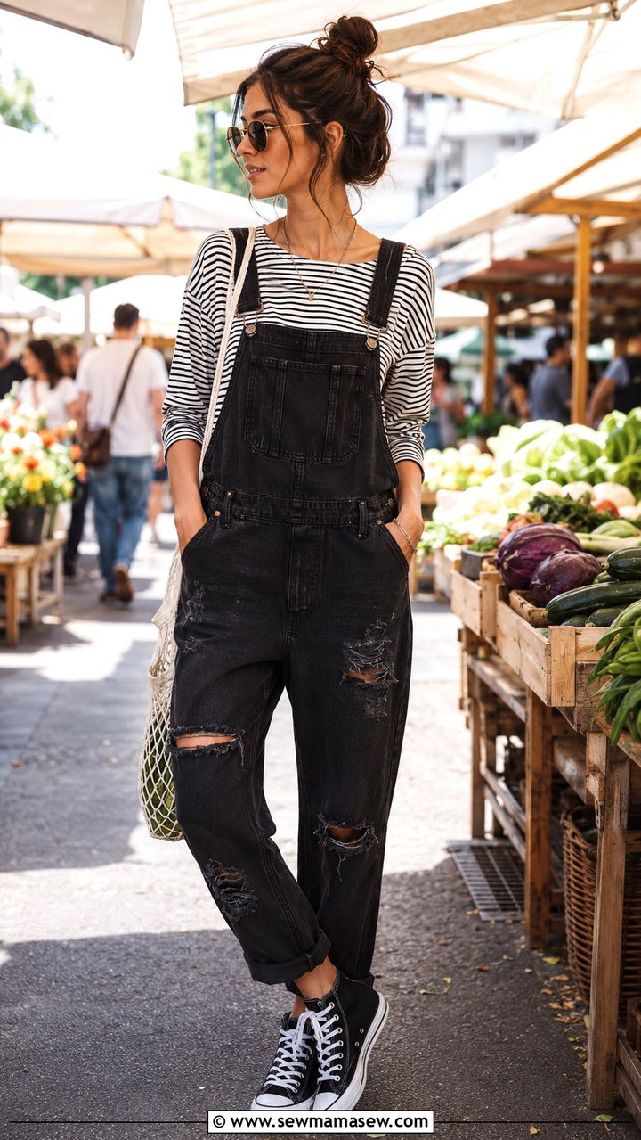 Ripped Denim Overalls With A Striped Long Sleeve Tee - 30 edgy outfits for women