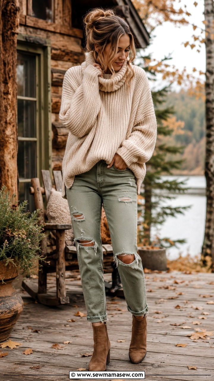 Ripped Green Jeans With Chunky Knit Outfit - 30 Green jeans outfit ideas