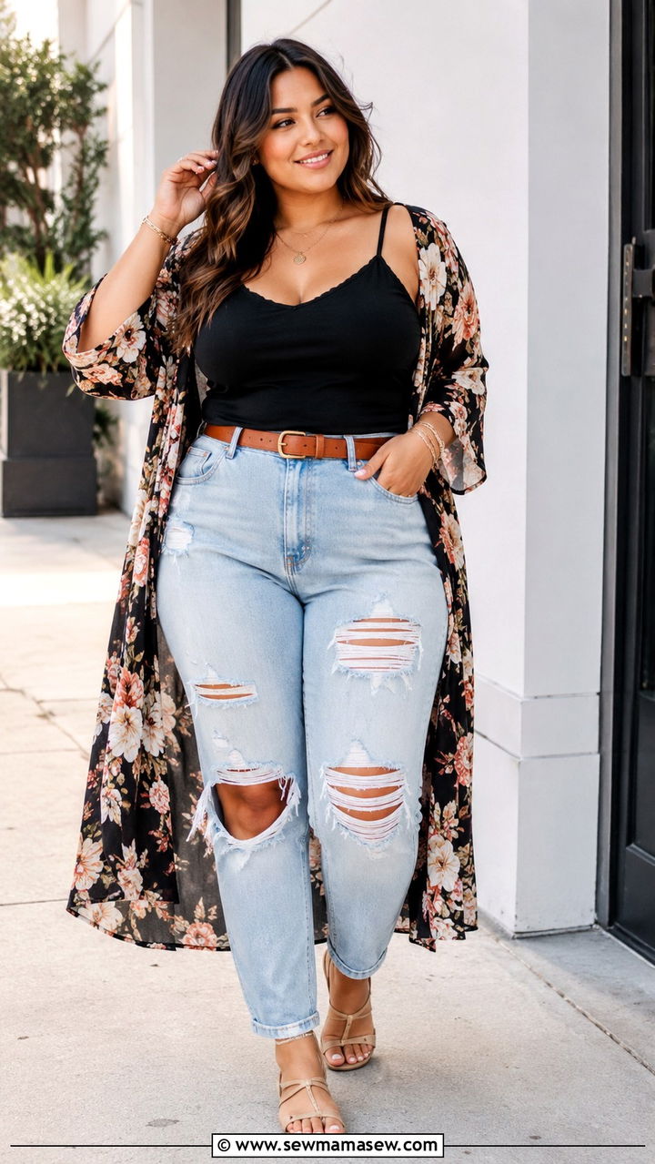 Ripped Jeans And Floral Kimono Outfit - 30 Boho outfits for curvy women