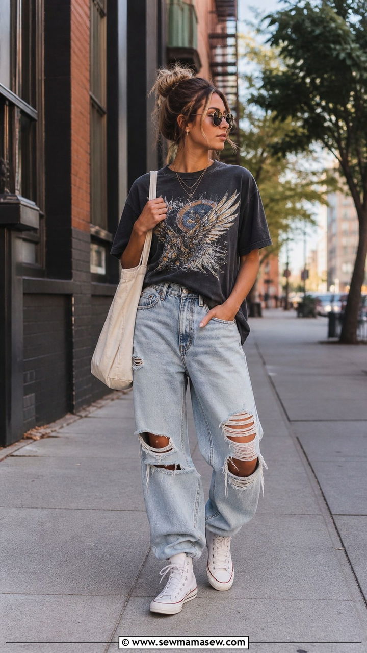 Ripped Jeans With Graphic Tee Outfit - 40 jeans outfits for women