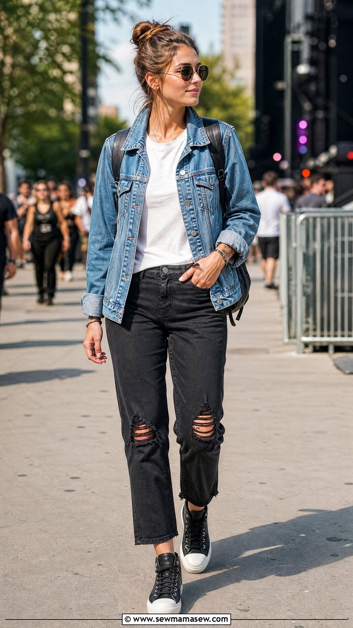 Ripped Jeans with Denim Jacket - 35 jeans outfits ideas