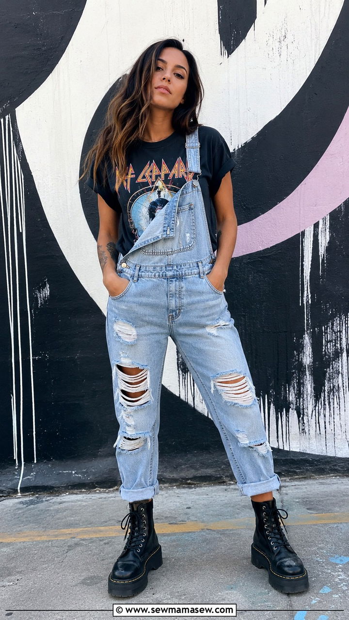 Ripped Overalls With Band Tee and Combat Boots - 30 How to style overalls