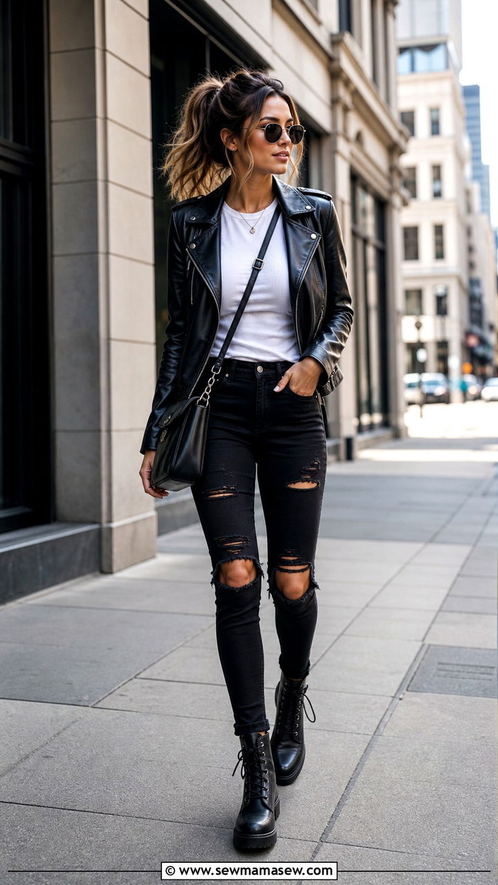 Ripped Skinny Jeans With Leather Jacket And Combat Boots - 40 casual skinny jeans outfits