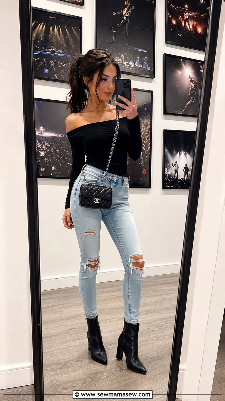 Ripped Skinny Jeans With Off The Shoulder Top - 25 Petite outfit ideas for concert