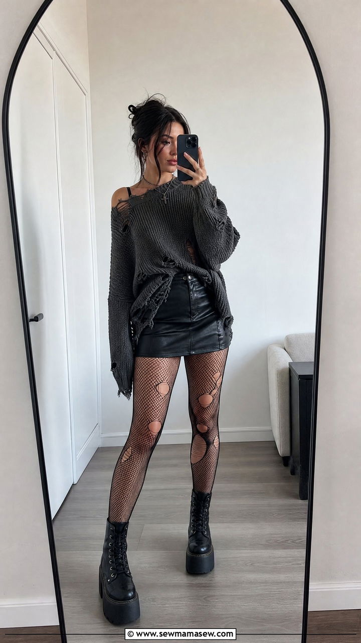 Ripped Sweater with Leather Mini Skirt and Fishnets - 35 grunge outfit ideas for women