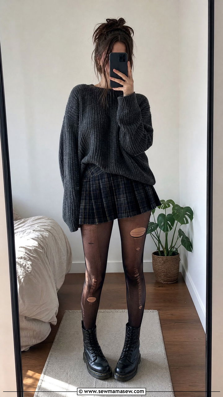Ripped Tights with Plaid Skirt and Oversized Sweater - 35 grunge outfit ideas for women