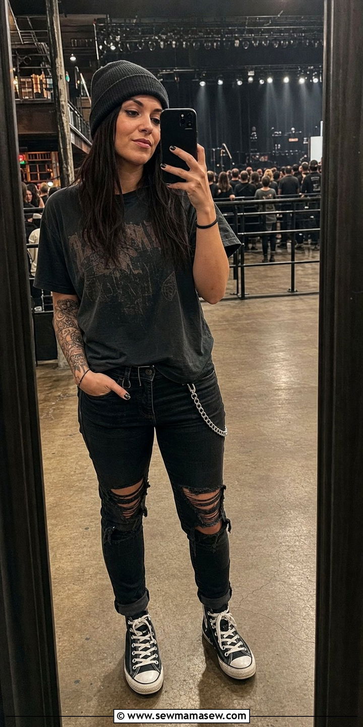 Ripped jeans and band tee outfit - 35 casual concert outfits