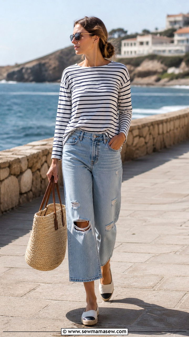 Ripped jeans with Breton striped tee and espadrilles - 40 Ripped jeans outfit ideas